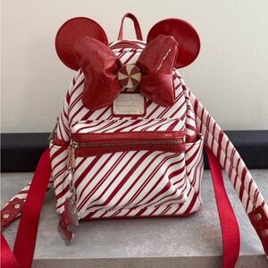 Disney Minnie Mouse Christmas Loungefly Red and White Striped Backpack